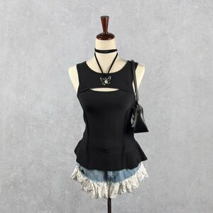 Indie Sleaze Bebe Heavy Ribbed Knit Cutout Peplum Hemline Bandage Tank Top